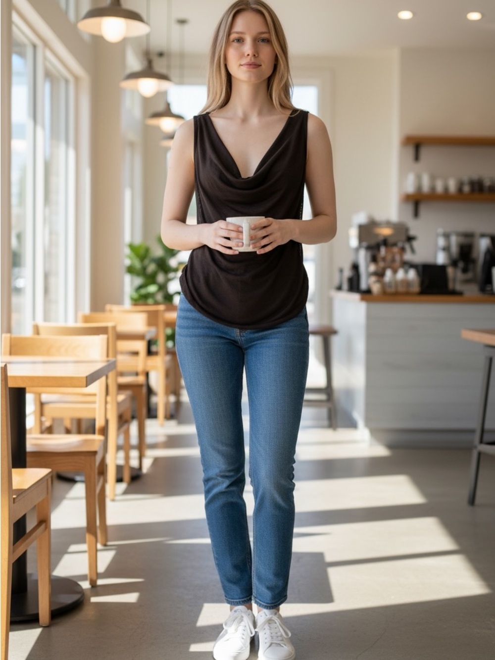 Women’s Black Deep V-Neck Sheer Tank Top by; Langton